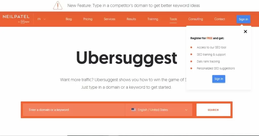 صفحه ورودی UberSuggest