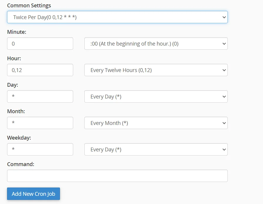 common settings در کرون جاب سی پنل