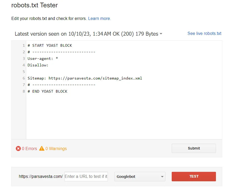  robots.txt Tester را باز کنید