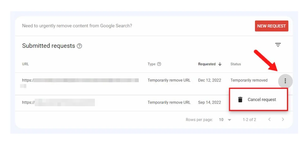 لغو درخواست لغو URL در ابزار Removals در گوگل سرچ کنسول
