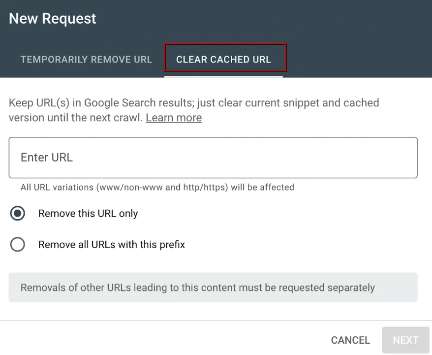 تب CLEAR CACHED URL.