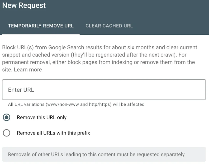  تب EMPORARILY REMOVE URL در گوگل سرچ کنسول