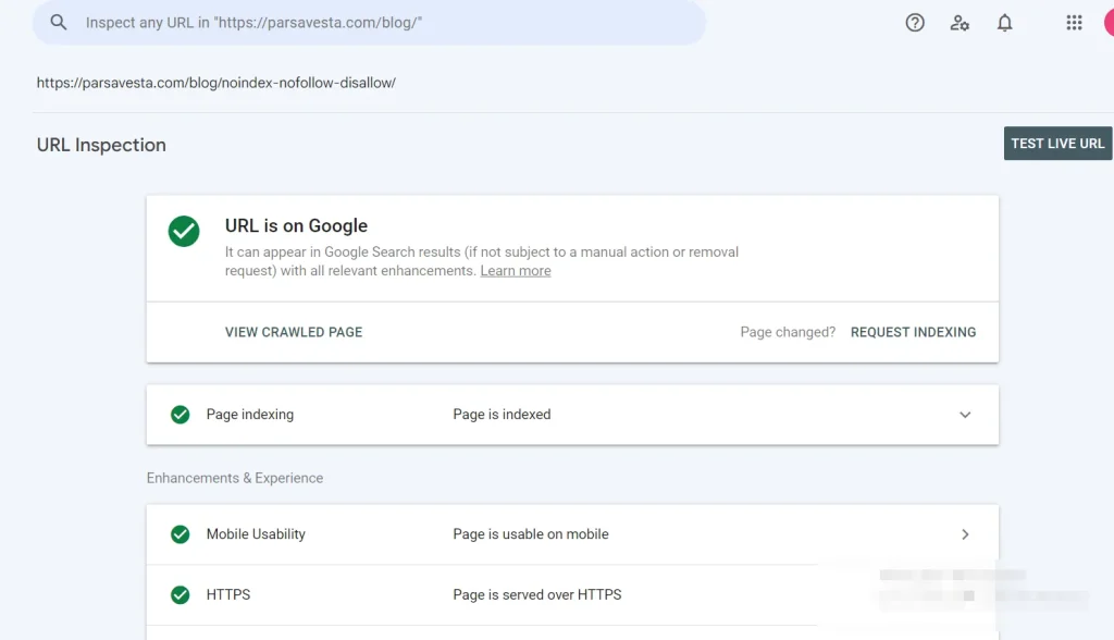 ایندکس صفحه با  ابزار url inspection