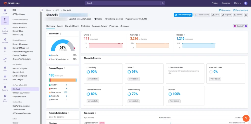 آموزش کامل ابزار Site Audit در SEMrush
